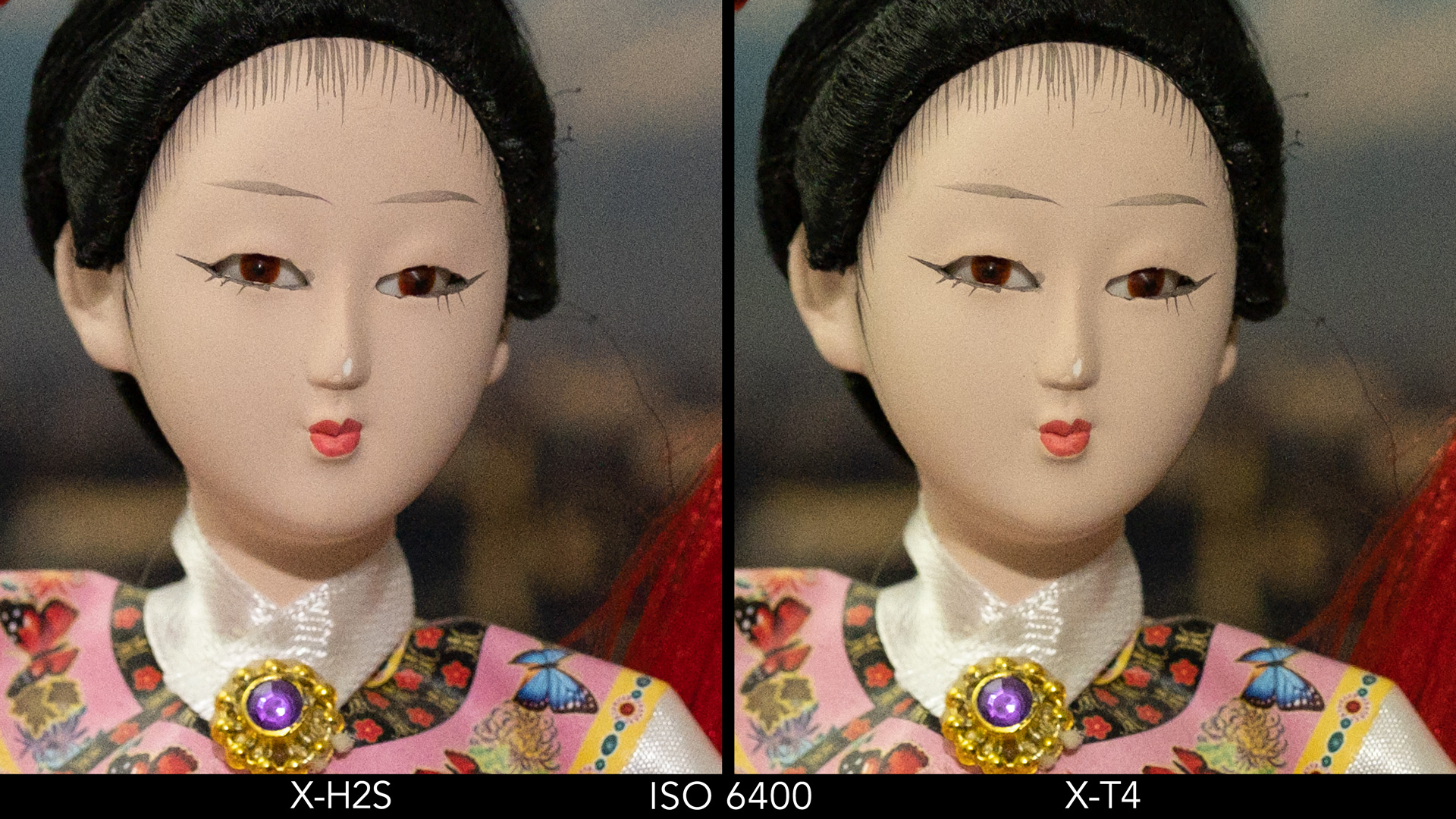 Side by side crop of the Japanese doll, showing the quality at ISO 6400 for the X-H2S and X-T4