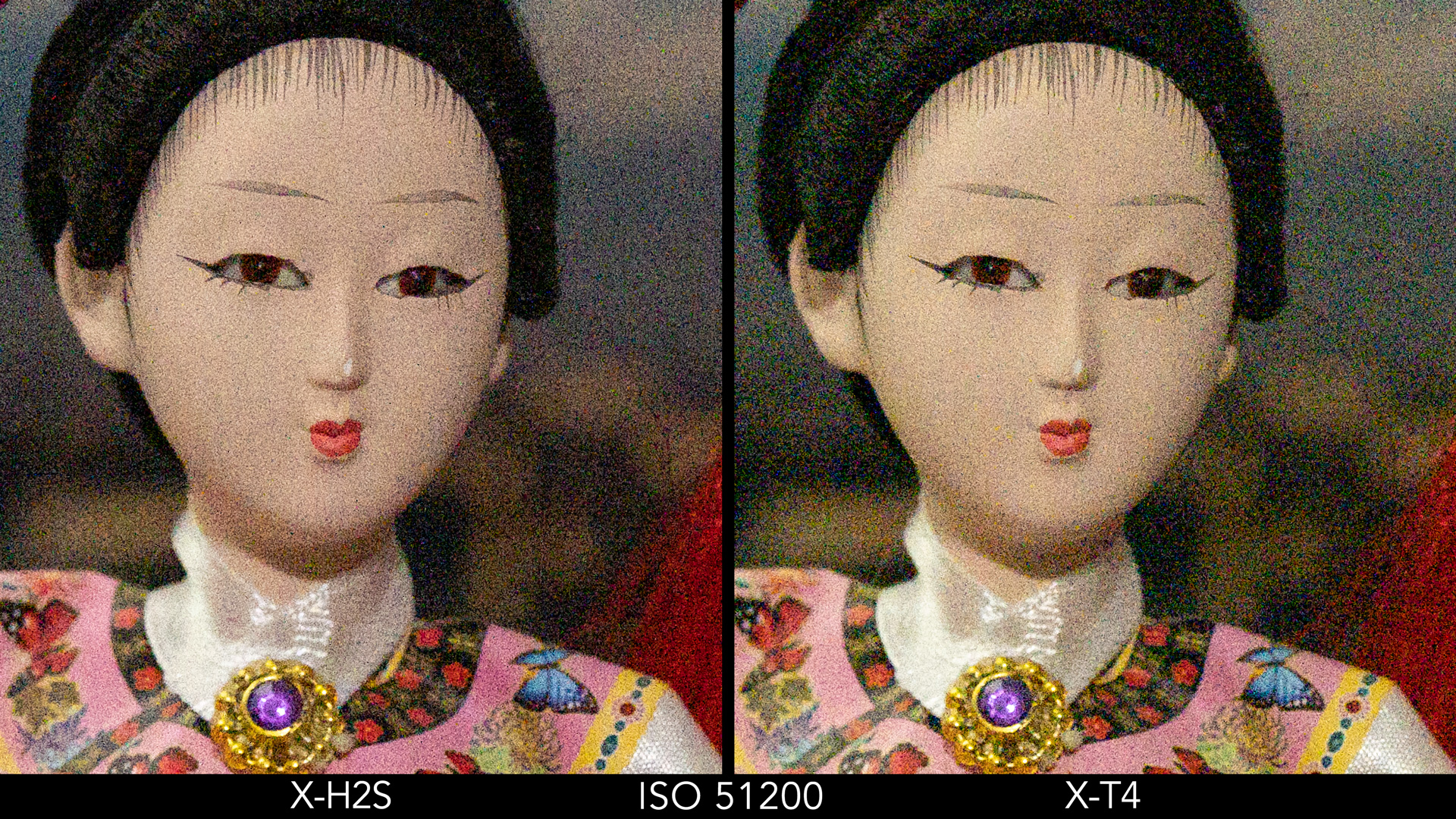 Side by side crop of the Japanese doll, showing the quality at ISO 51200 for the X-H2S and X-T4