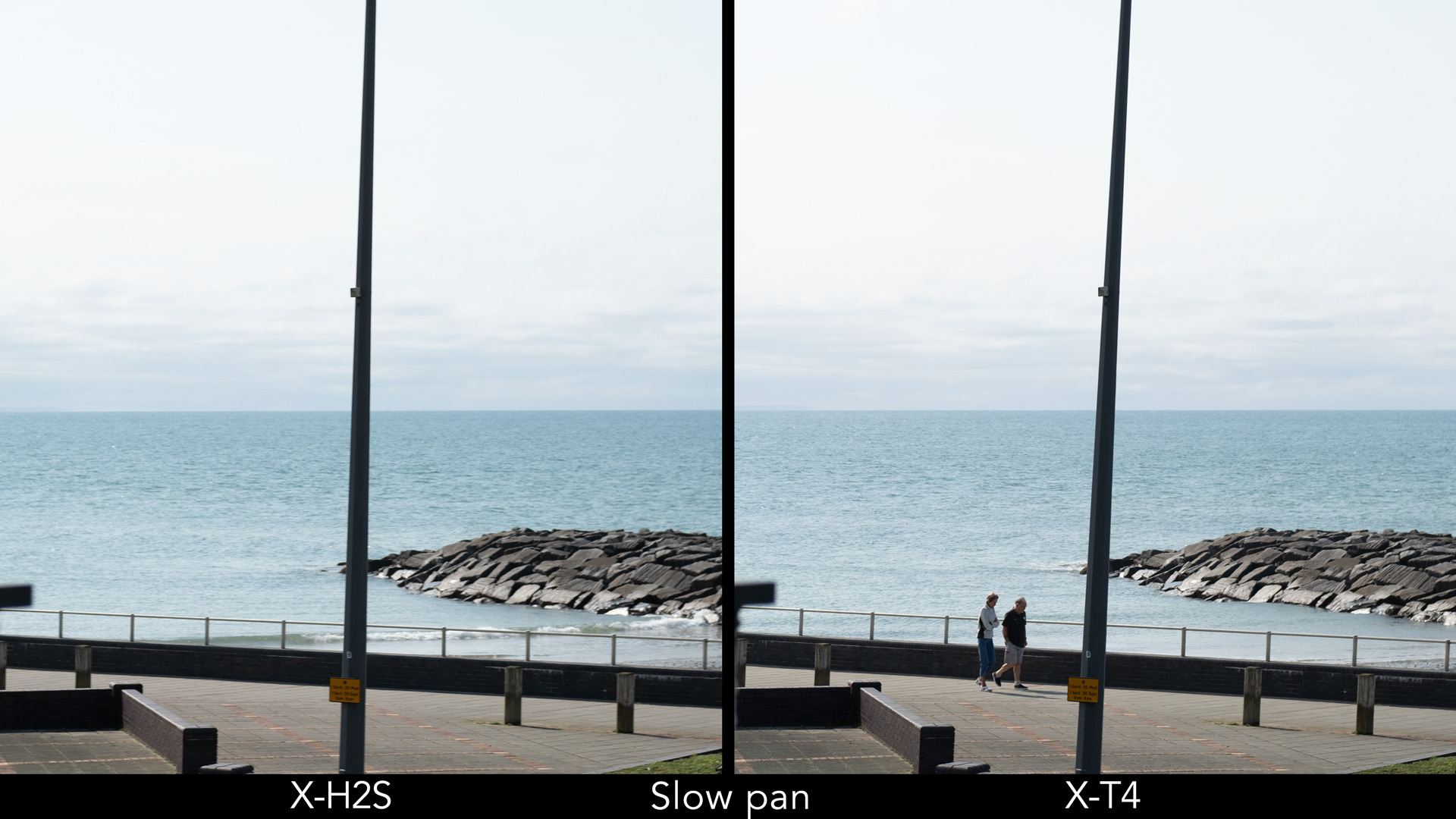 Side by side images showing distortion when panning slowly with the X-H2S and X-T4.