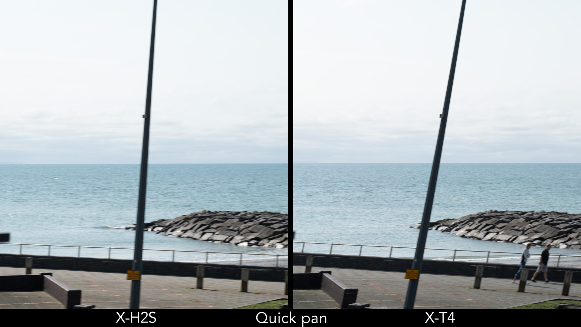 Side by side images showing distortion when panning quickly with the X-H2S and X-T4.