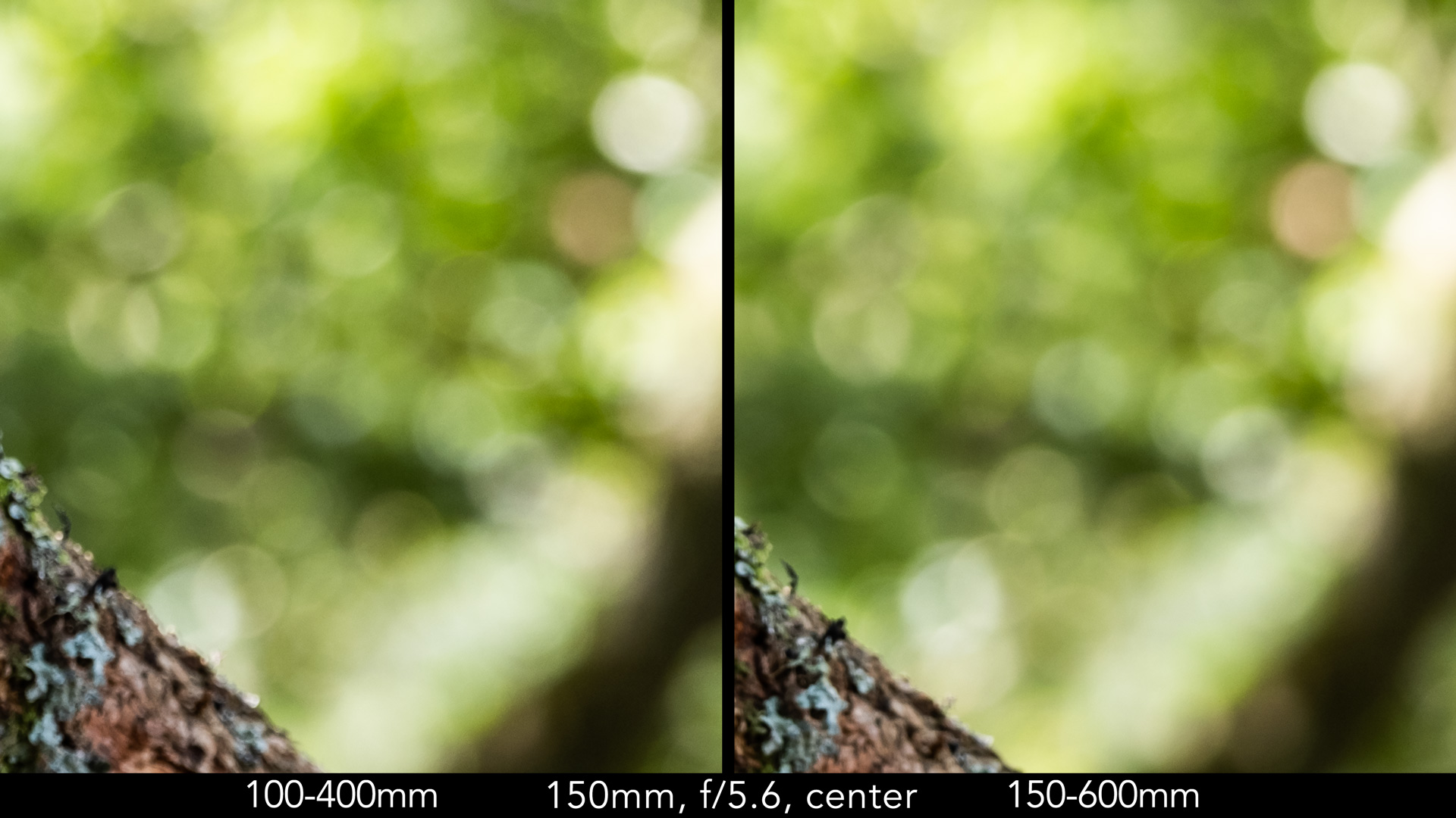 Side by side crop showing the quality of the bokeh at the center for the two lenses, at 150mm F5.6