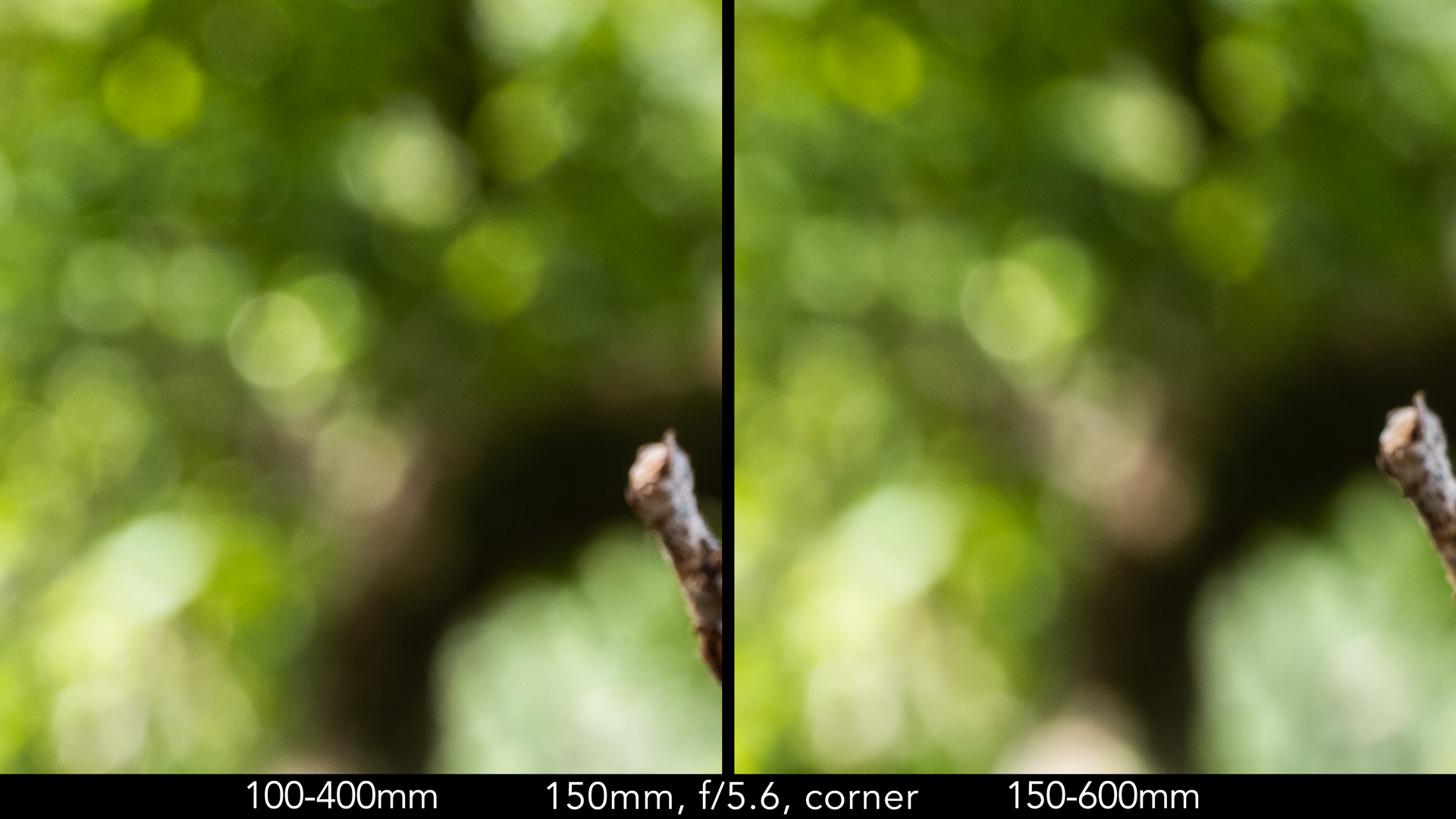 Side by side crop showing the quality of the bokeh at the corners for the two lenses, at 150mm F5.6
