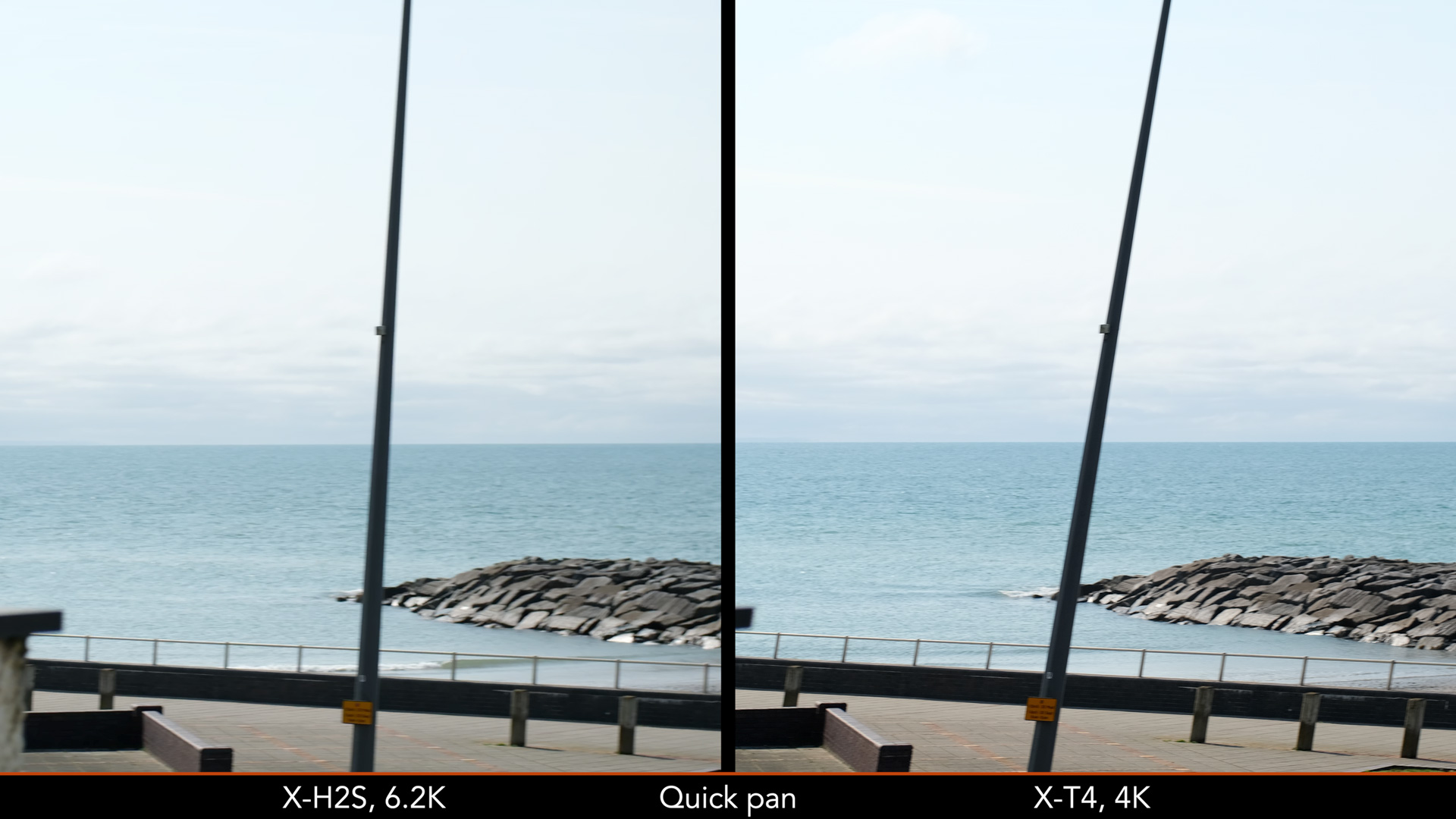 Side by side image showing the distortion when panning quickly with the X-H2S in 6.2K and the X-T4 in 4K.