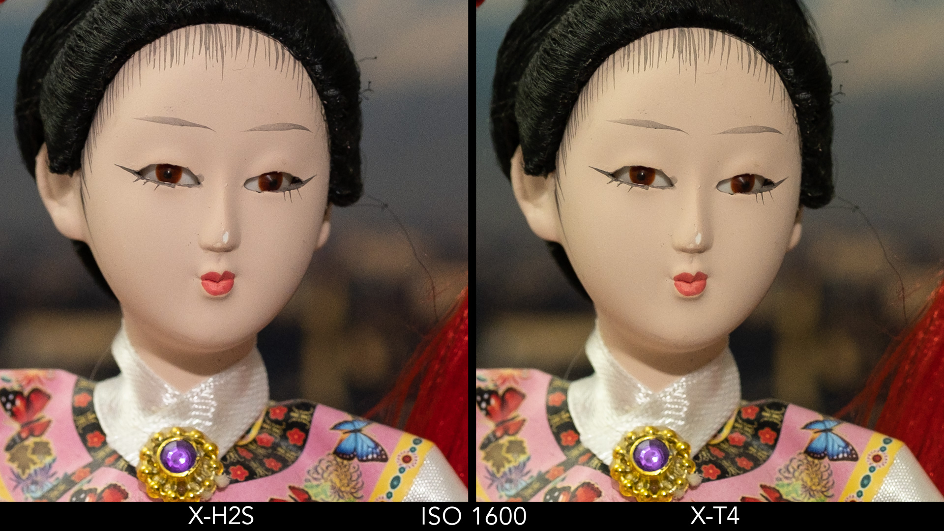 Side by side crop of the Japanese doll, showing the quality at ISO 1600 for the X-H2S and X-T4