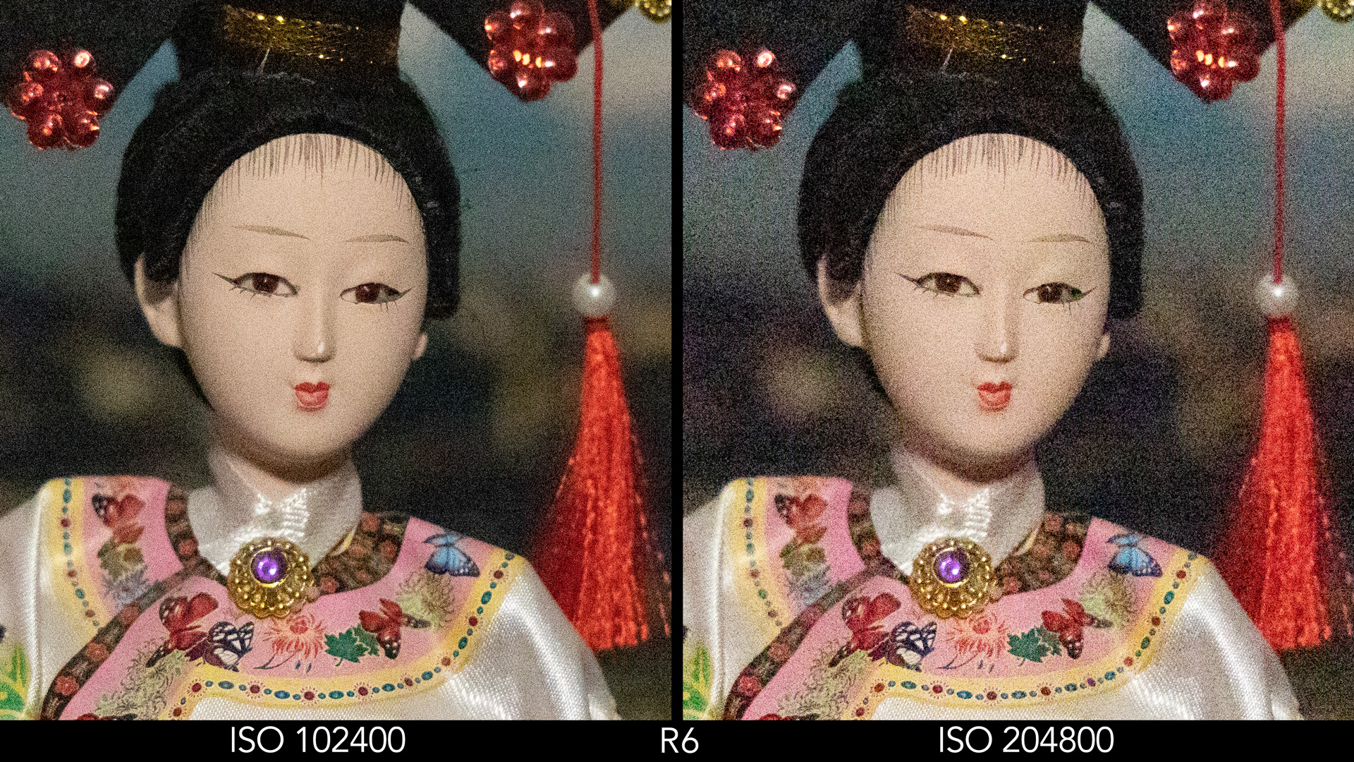 Side by side crop showing the quality at ISO 102400 and 204800 for the R6.