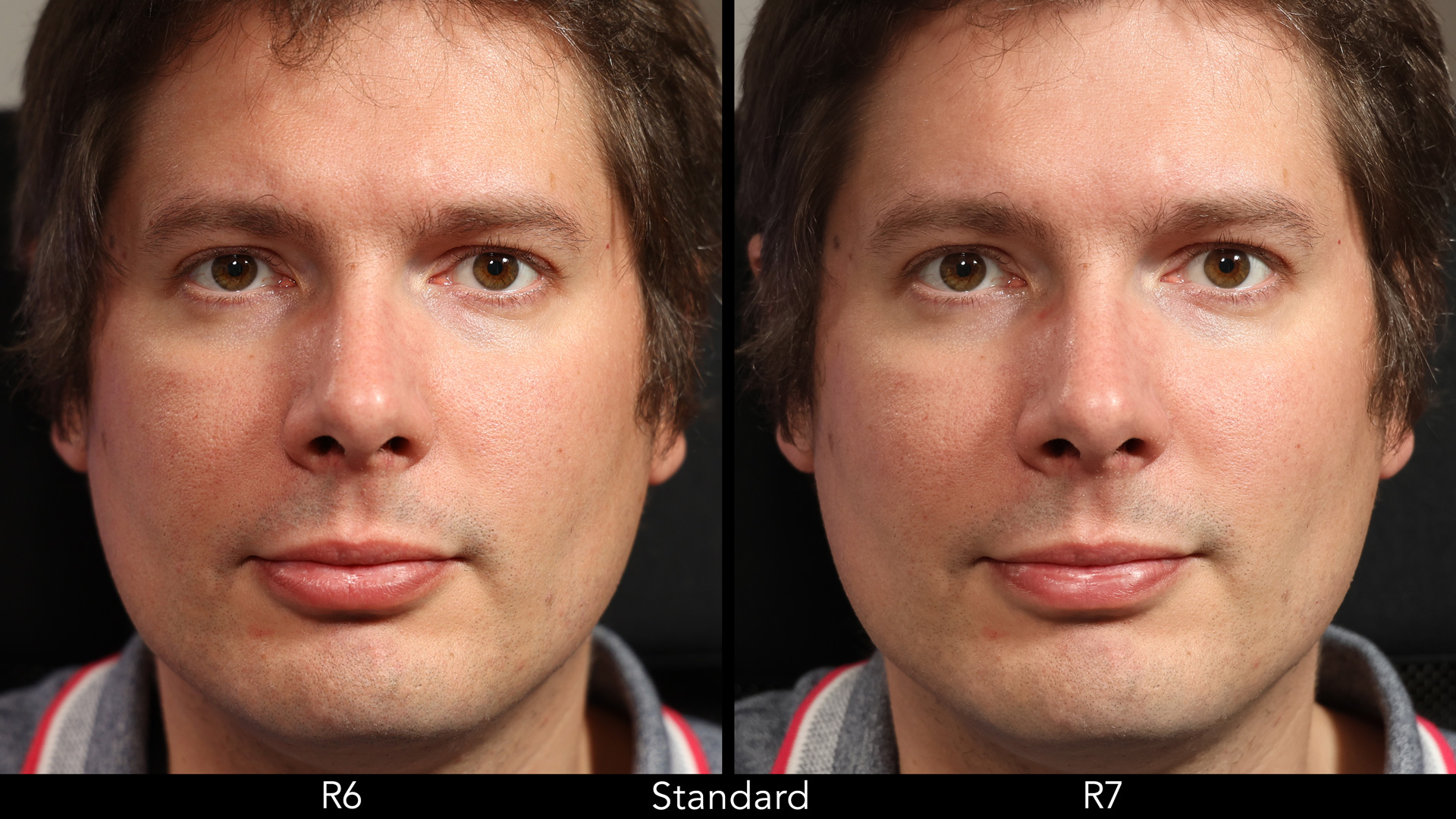 Side by side portrait of man, showing the difference in colours with the Standard JPG profile.