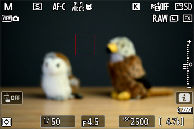 Live View on the Nikon Z9 showing the Wide-Small area not touching the bird, and the image being out of focus.