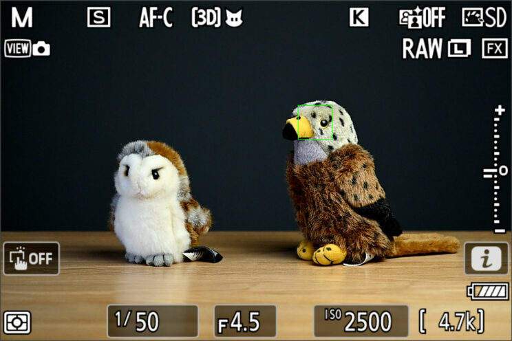 Live View on the Nikon Z9 showing  3D Tracking locking on the bird