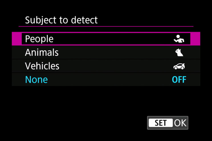 Subject detection setting on the Canon R8