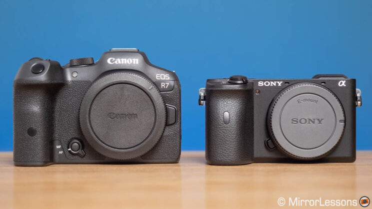 Canon R7 and Sony A6600 side by side, front view