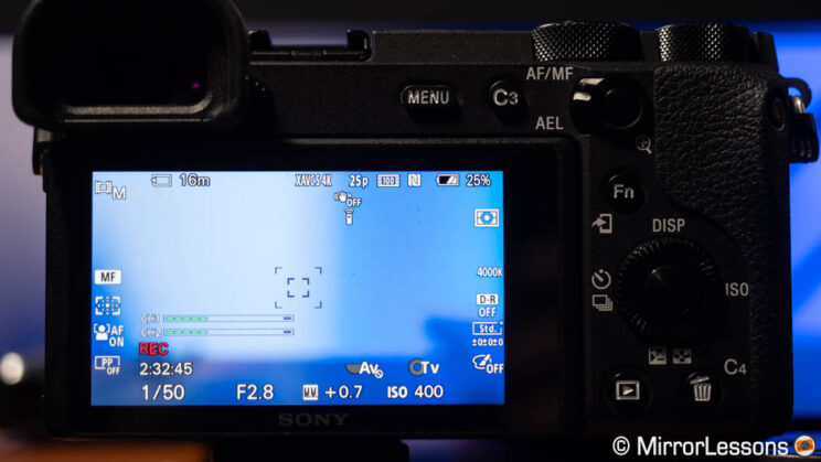 Sony a6600 LCD screen showing 2 hours and 35 minutes of recording time.