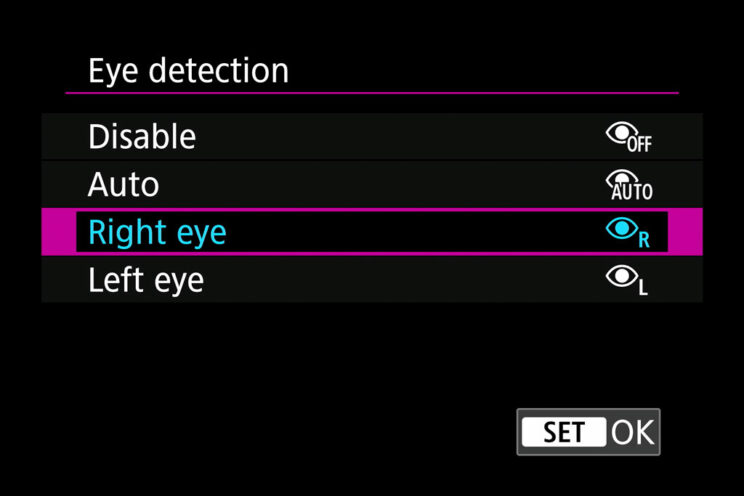 Eye detection setting on the Canon R6 II
