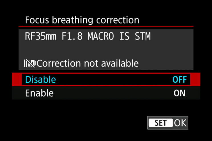 Focus Breathing correction setting on the Canon R6 II