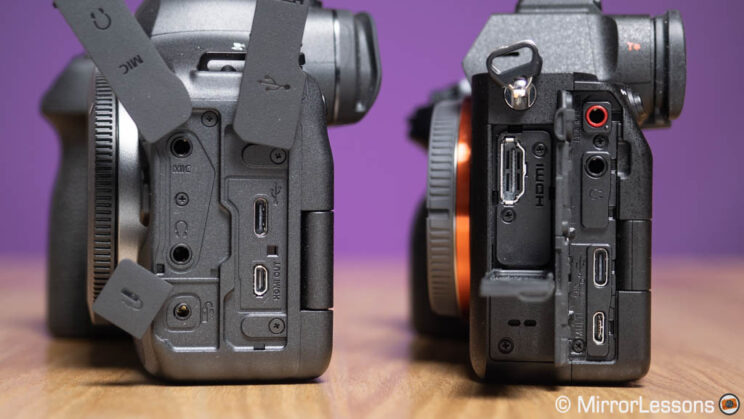 Side connection ports on the Canon R6 II and Sony A7 IV