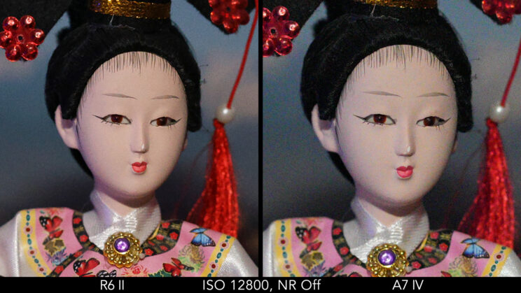 Side by side crop showing the quality at ISO 12800 with Noise Reduction Off.