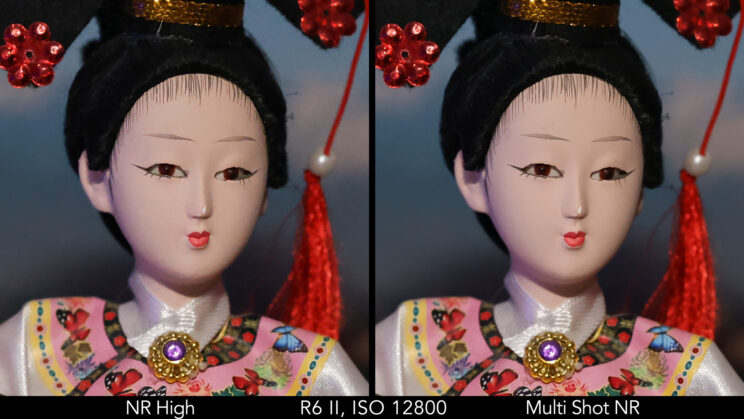 Side by side crop showing the quality at ISO 12800 between Noise Reduction set to High, and the Multi-NR mode on the R6 II.