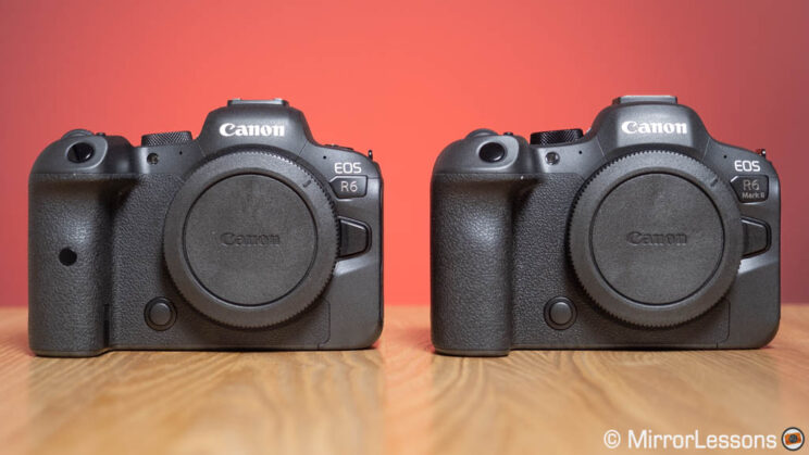 Canon R6 dan R6 II berdampingan, tampilan depan