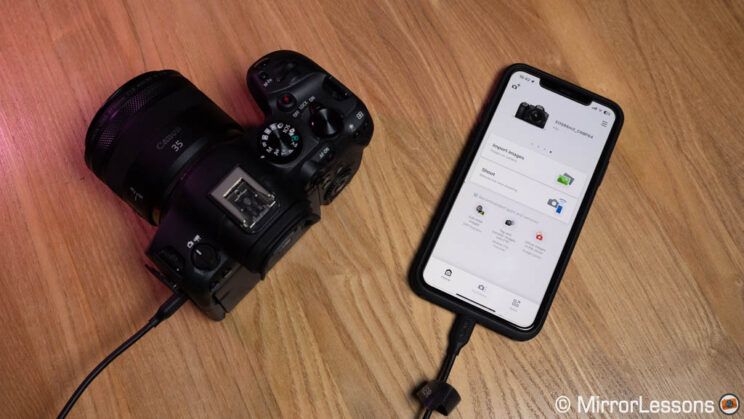 iPhone connected to the R6 II with a USB cable.