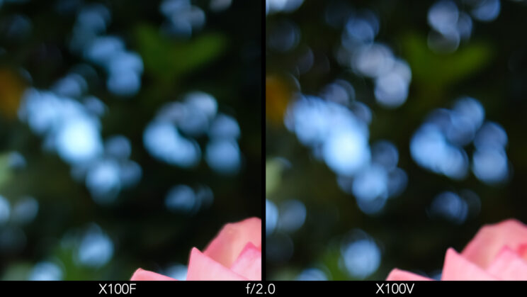 Side by side crop showing the quality of the bokeh at f/2 with the X100F and X100V.