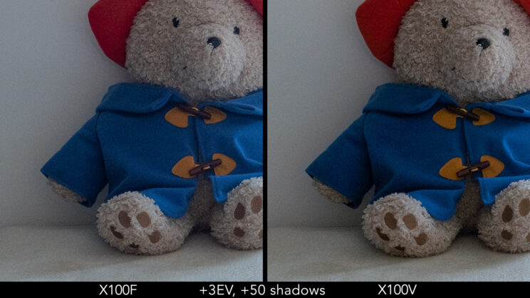 Side by side crop showing the quality of the X100F and X100V RAW files after a 3 stops shadow recovery.