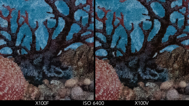 Side by side crop showing the quality at ISO 6400 between the X100F and X100V