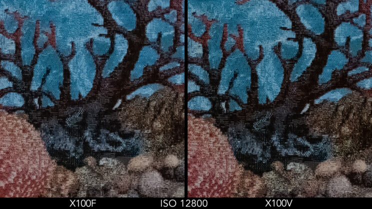 Side by side crop showing the quality at ISO 12800 between the X100F and X100V