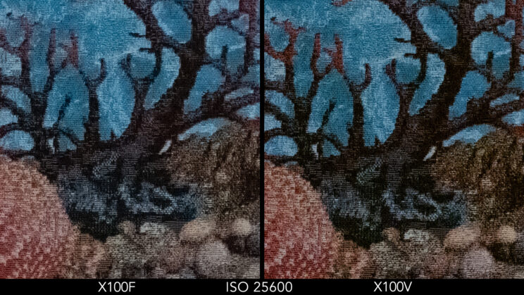 Side by side crop showing the quality at ISO 25600 between the X100F and X100V