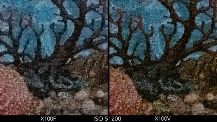 Side by side crop showing the quality at ISO 51200 between the X100F and X100V