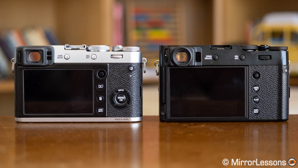 Fujifilm X100F and X100V side by side, rear view