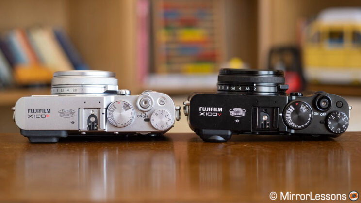 Fujifilm X100F and X100V side by side, top view