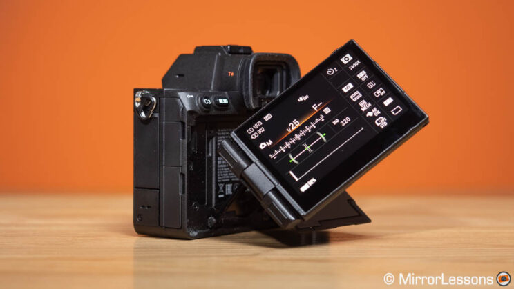 Sony A7R V with LCD screen titled up and oriented on the left side