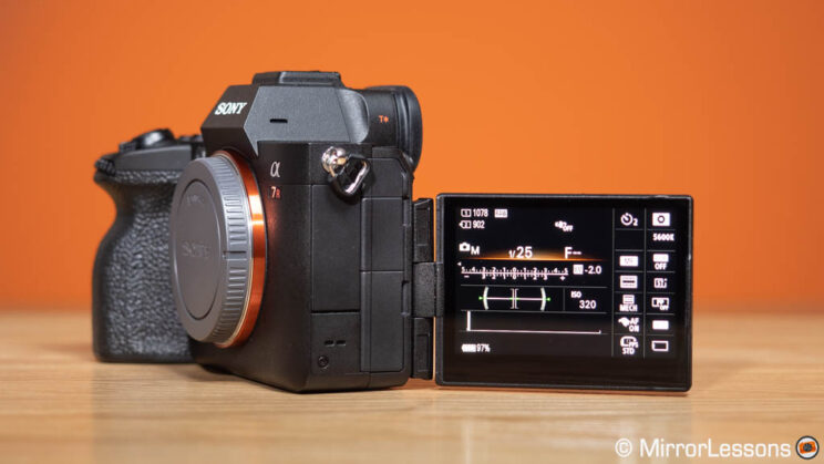 Sony A7R V with LCD screen opended and rotated to 180˚