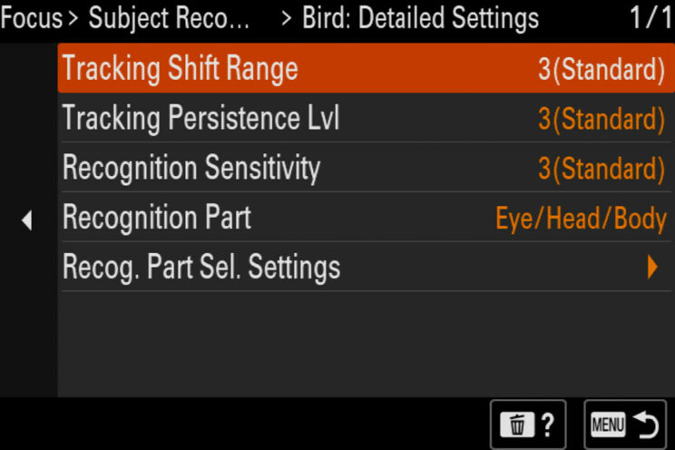 Advanced Subject Recognition settings on the A7R V