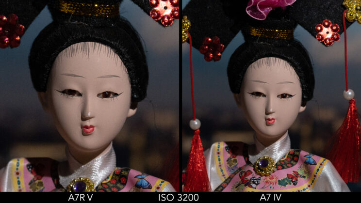 Side by side crop showing the quality at ISO 3200 between the A7R V and A7 IV.