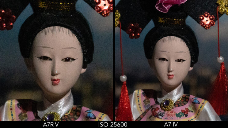 Side by side crop showing the quality at ISO 25600 between the A7R V and A7 IV.