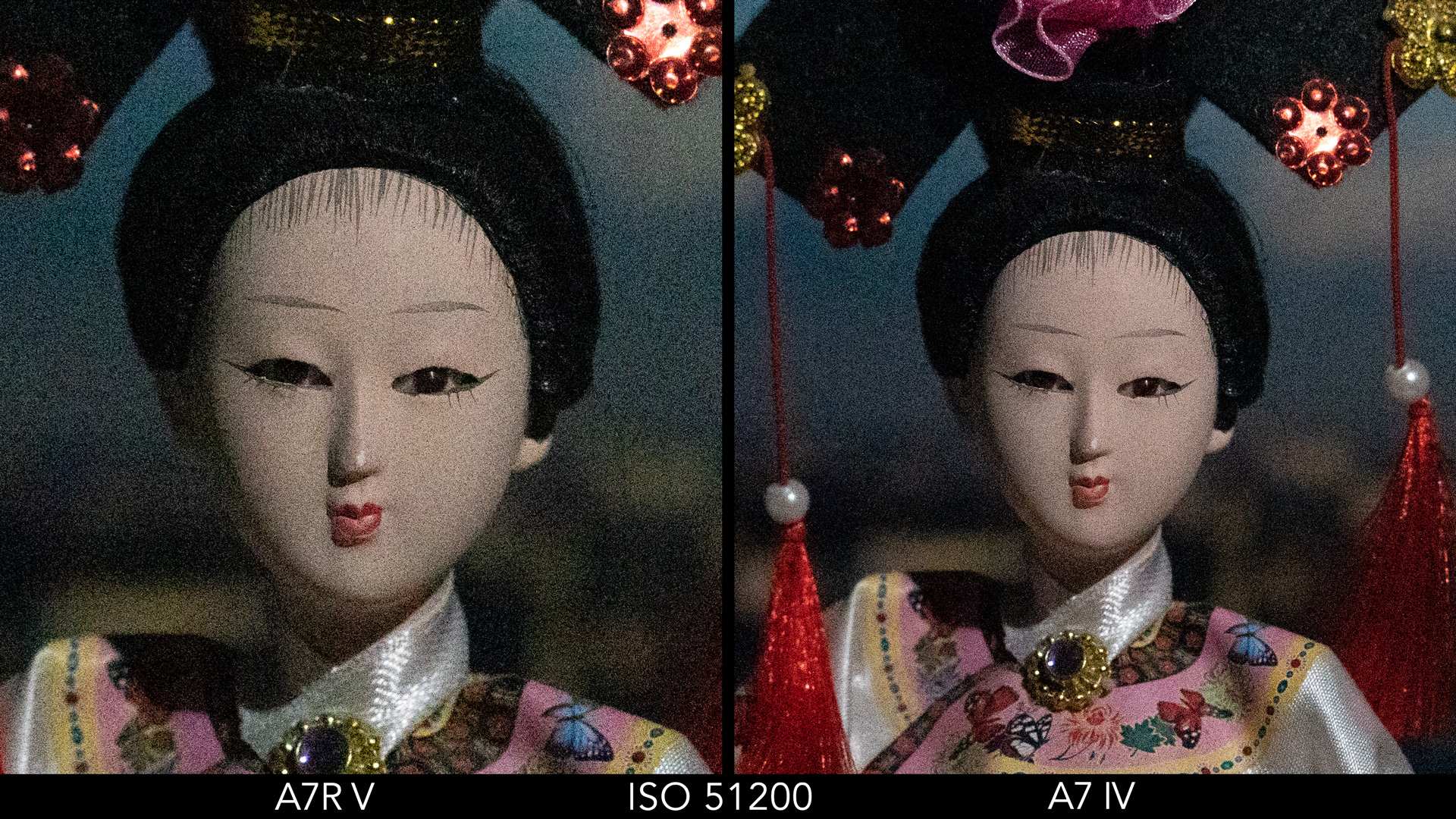 Side by side crop showing the quality at ISO 51200 between the A7R V and A7 IV.