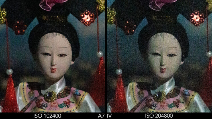 Side by side crop showing the quality at ISO 102400 and 204800 for the A7 IV.