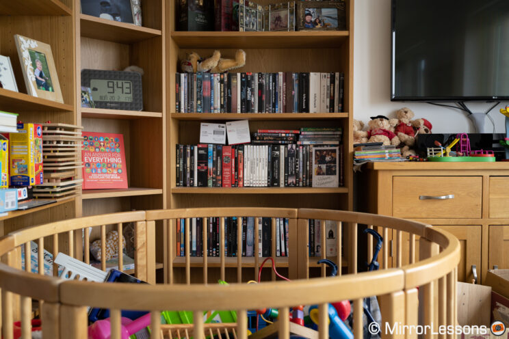 Shelves with books and dvds