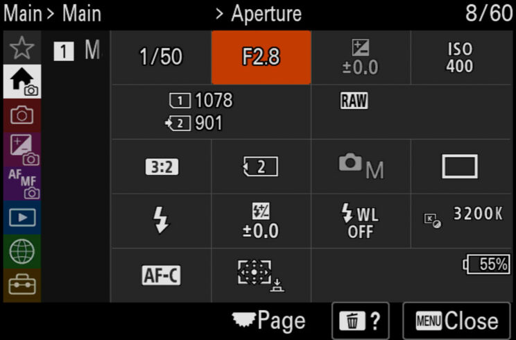 Main page of the Sony A7R V menu
