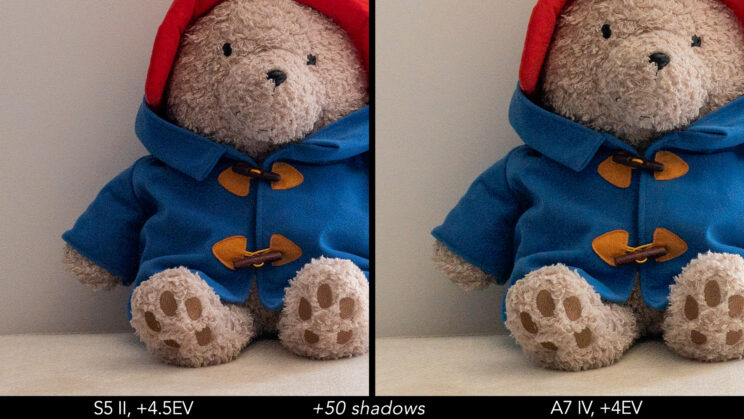 Side by side crop showing the quality on the S5 II RAW file after a +4.5 stops exposure recovery in the shadows.