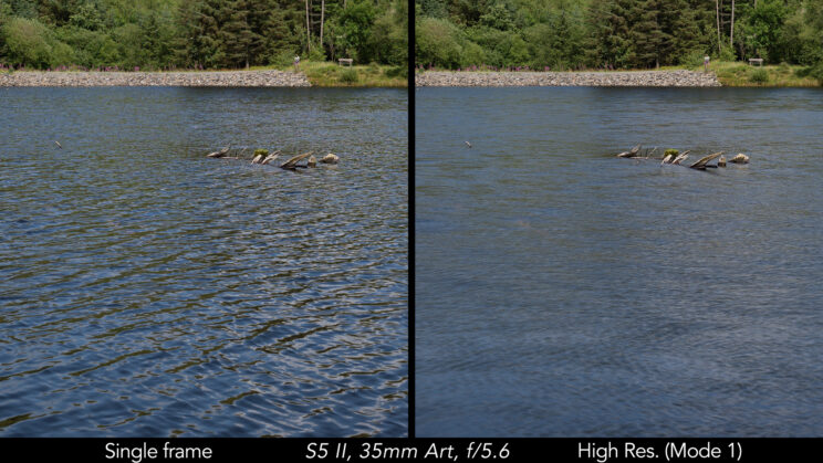 Side by side crop showing the difference in the water between the single shot and the high resolution image.
