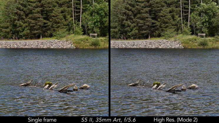 Side by side crop showing that the water looks natural with mode 2 on the high resolution image.