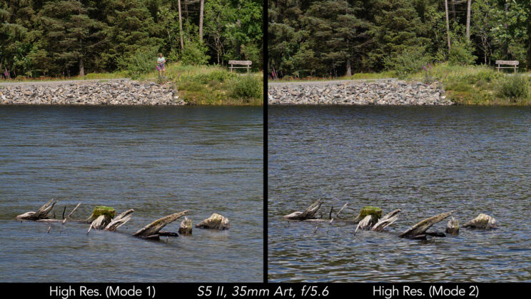 Side by side crop showing the difference in sharpness between mode 1 and mode 2 for the high resolution image.
