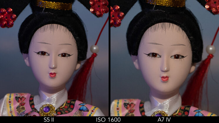 Side by side crop showing the noise level on the S5 II and A7 IV at ISO 1600 on the RAW files.