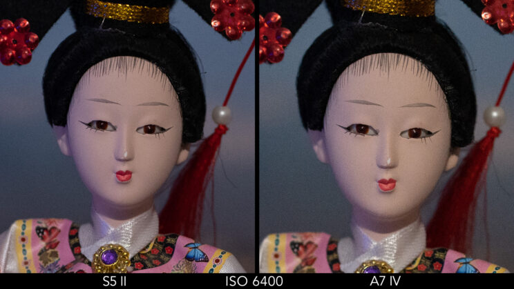 Side by side crop showing the noise level on the S5 II and A7 IV at ISO 6400 on the RAW files.