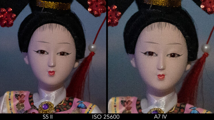 Side by side crop showing the noise level on the S5 II and A7 IV at ISO 25600 on the RAW files.