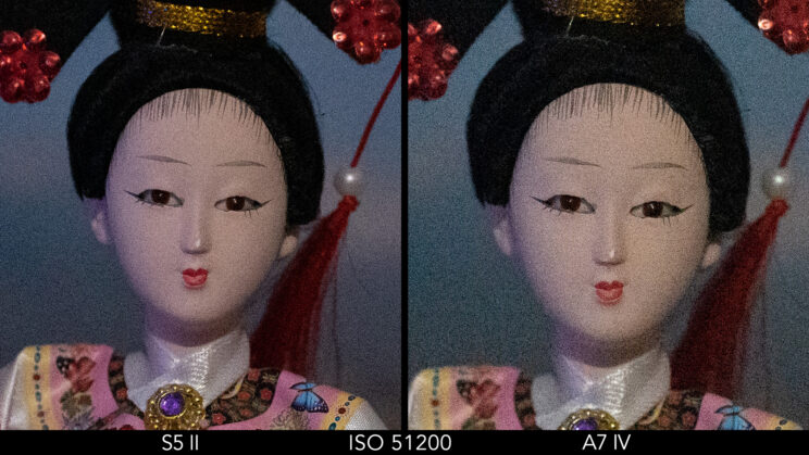 Side by side crop showing the noise level on the S5 II and A7 IV at ISO 51200 on the RAW files.