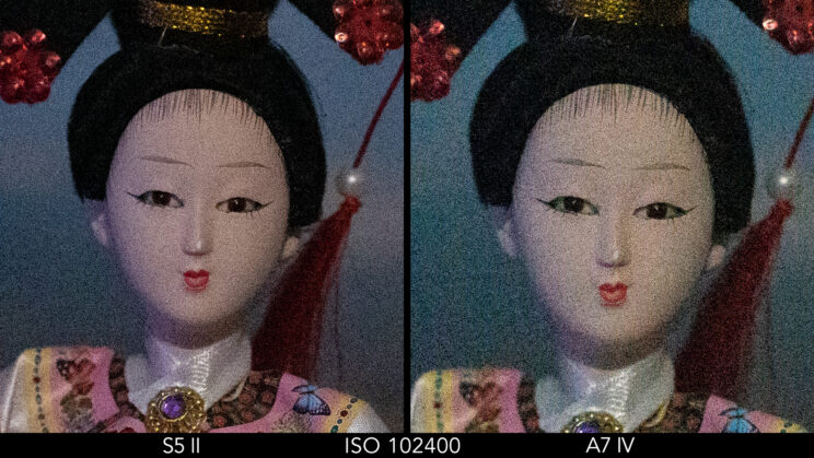 Side by side crop showing the noise level on the S5 II and A7 IV at ISO 102400 on the RAW files.