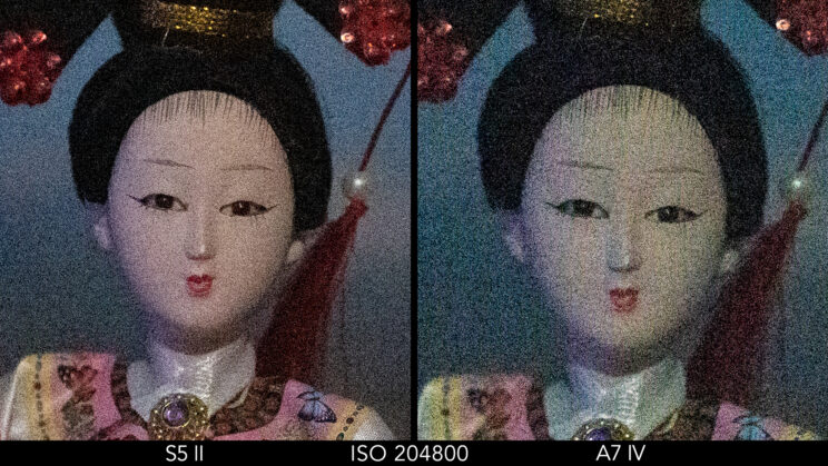 Side by side crop showing the noise level on the S5 II and A7 IV at ISO 204800 on the RAW files.