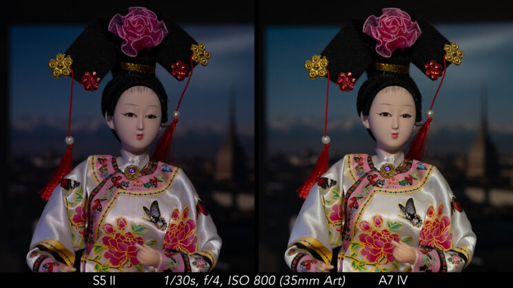 Side by side picture of a doll showing the difference in exposure brightness.